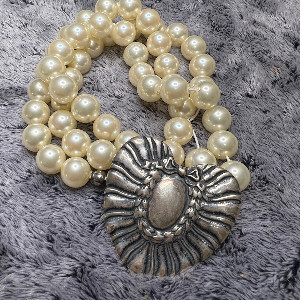 Vintage T FOREE Sterling Silver Heart Triple Strand Faux Pearl Bracelet